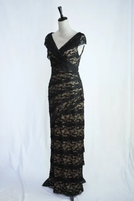 Marina Maxi Dress Women's 10 Black/Nude Beaded Lace Stretch Gown NWT
