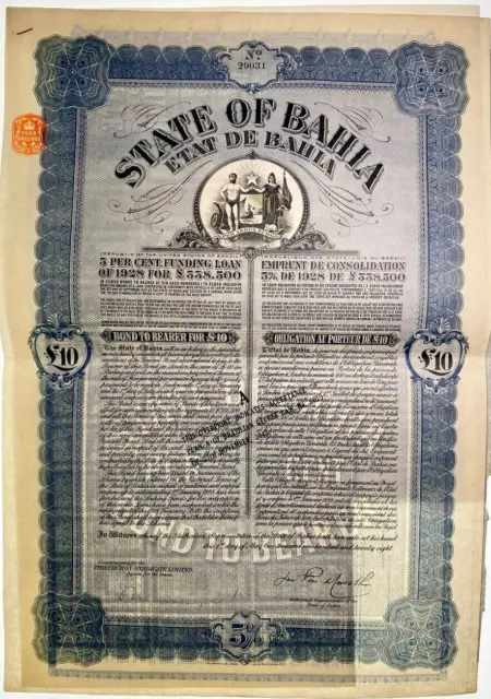 Brazil Brasil State of Bahia 5% Funding Loan £10 Bearer Bond 1928
