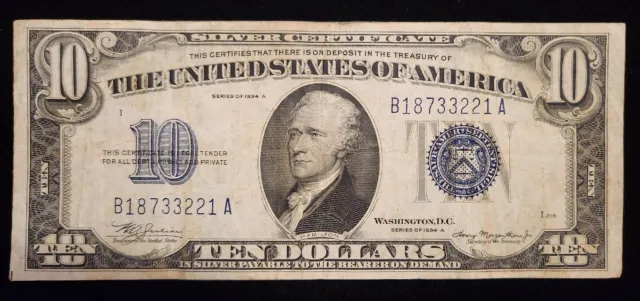1934 A $10 Ten Dollar Silver Certificate Note Blue Seal B18733221