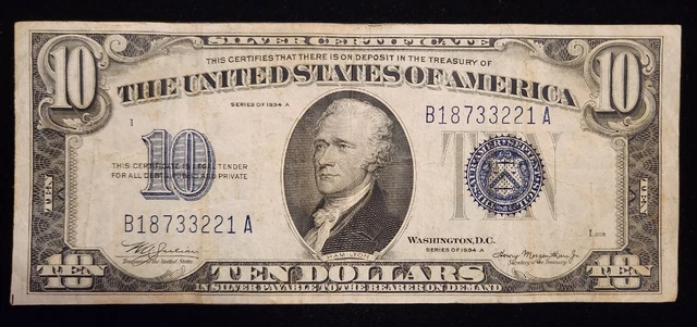 1934 A $10 Ten Dollar Silver Certificate Note Blue Seal B18733221