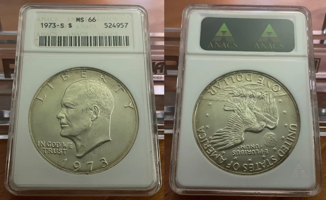 1973-S Silver Eisenhower $1 , ANACS MS66 , Old Soapbox / Soapbar Holder 1973-S Silver Eisenhower $1 , ANACS MS66 , Old Soapbox / Soapbar Holder