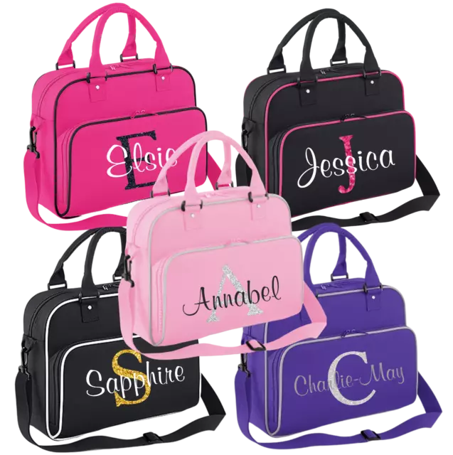 Personalised Glitter Dance Gym School Swim Shoulder Bag Name Pink Purple Black