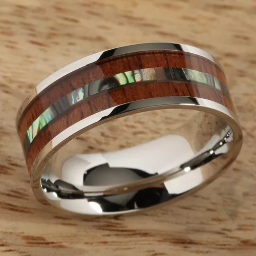 Stainless Steel inlaid Hawaiian Koa Wood With Abalone Shell Ring 8mm