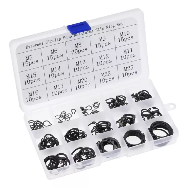 180Pcs 15-Size External Retaining Ring Carbon Steel Assortment Set Black