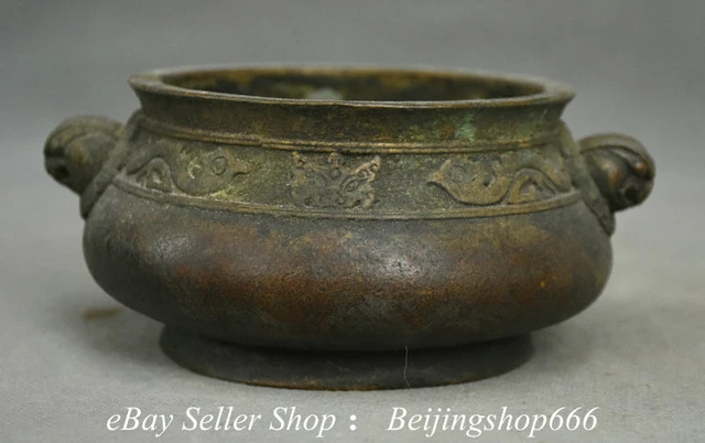 5.8" Marked Old Chinese Bronze Dynasty Beast Double Ear incense burner Censer