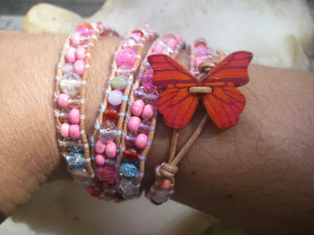 4 wrap bracelet perle mix pink crystal wood agate beads papillon butterfly butto