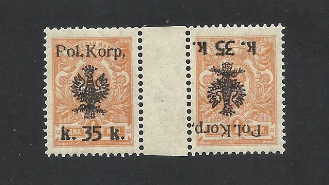 Poland 1918 Corps GEN.DOWBOR MUSNICKY RARE IN PAIR INVERTED 1kop ovpt sig.