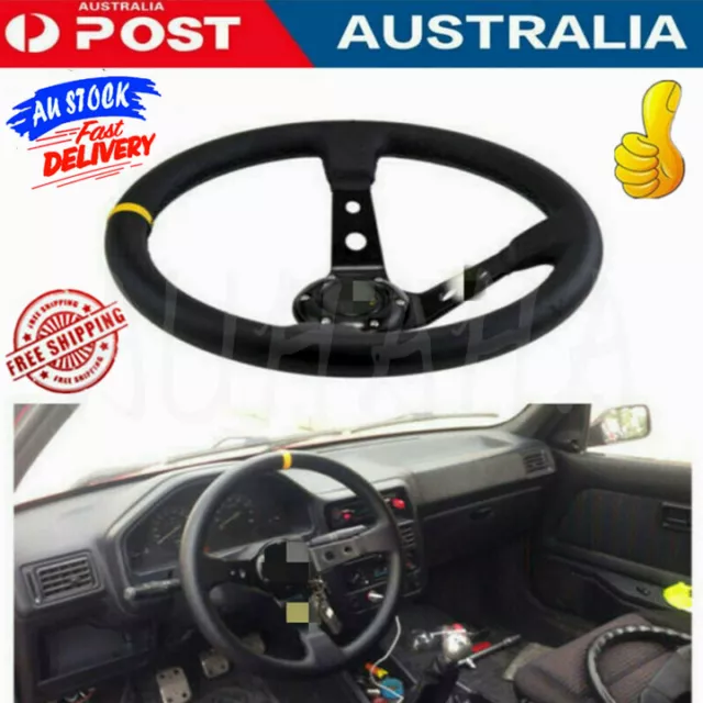 350mm Steering Wheel Deep Dish Suede Drift Rally Racing Yellow Stitching AU