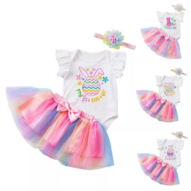 Baby Girl MY First Easter Outfit 3 Piece Dress Set - Tutu Skirt Romper Headband☆