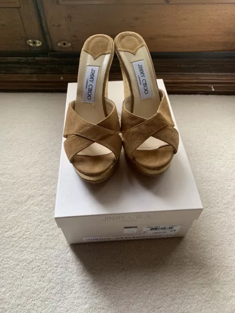 jimmy choo wedge sandals Beige Suede Gold Metallic Heel