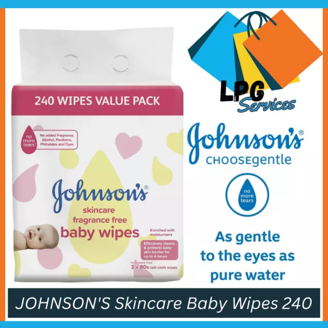 JOHNSON'S Skincare Fragrance Free Baby Sensitive Skin 240 Wipes - 3x80 Pack Bulk