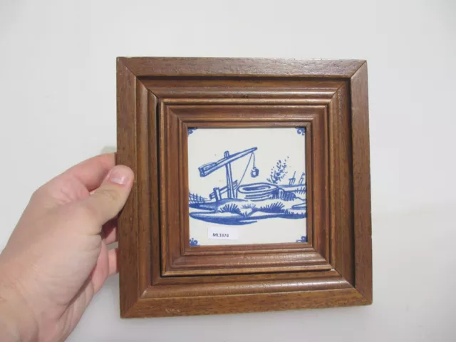 Vintage Ceramic Tile French Village Boats River Cottage Nature Well Wooden Frame
