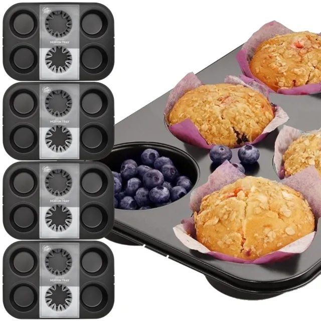 Muffin Trays SET OF 4 Cupcake 6 Cup Baking Oven Cake Tin Carbon Steel NON STICK