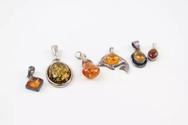 Sterling Silver Amber Pendants Baltic Copal x 6 (11g)