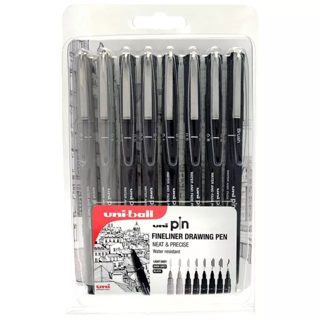 Uni Pin Fineliner Drawing Pen - Set of 8, 0.1mm - 0.8mm & Brush Nib - 3 Colours