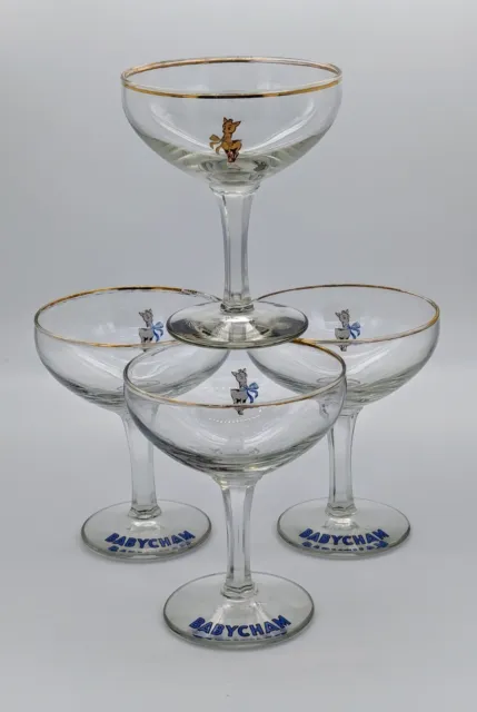 Four Vintage BABYCHAM Glasses, 3 1950s With White Deer Blue Bow & Hexagonal Stem