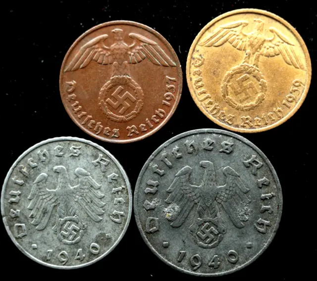 Kappyscoins G7501 Ww2 Nazi Germany Third Reich 4 Different Pf Pfennig Coins Circ