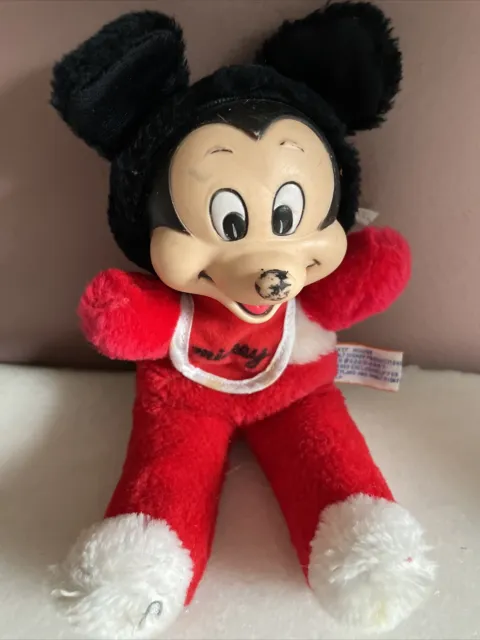 Mickey Mouse  Rubber/Plastic Face baby bib Plush Vtg Made in Korea READ