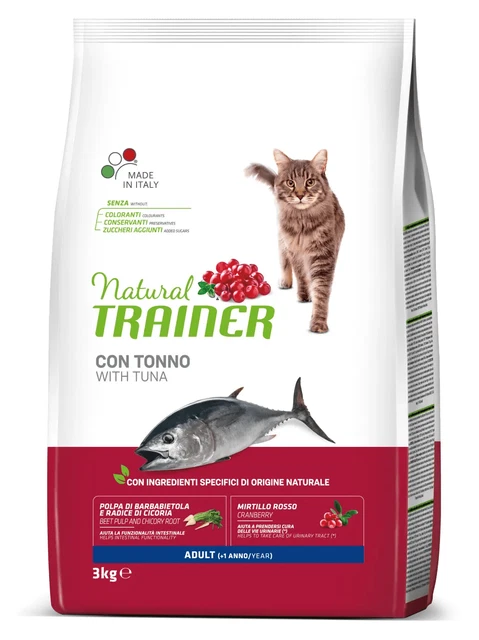 3 Kg Natural Trainer Cibo Secco Adult con tonno Gatto Croccantini