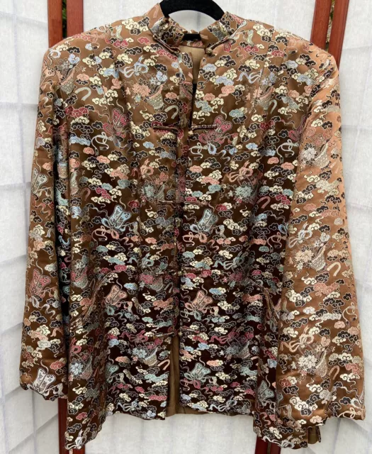 Vtg 40s Chinese swing Coat jacket carved bronze button silk brocade fleece lined