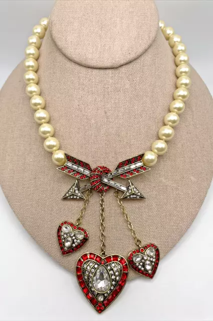 HEIDI DAUS "Crystal Hearts" Beaded Crystal & Faux Pearl Drop Necklace - NWT