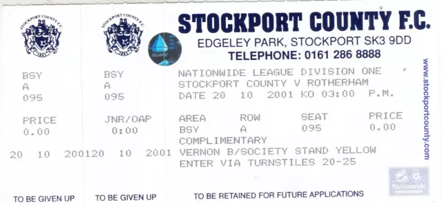 Ticket - Stockport County v Rotherham United 20.10.01