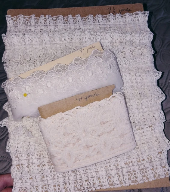 Lote Mixto Vintage Marfil Blanco Encaje Borde Plano y Recogido Borde 18 Yardas Total