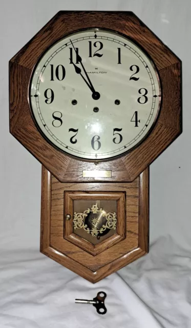 German Hamilton Chiming Pendulum Wall Clock + Key & 25yr General Motors Plaque