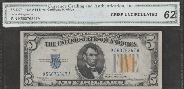 Series 1934 $5 Dollars Silver Certificate N Africa Choice Uncirculated FR#2307