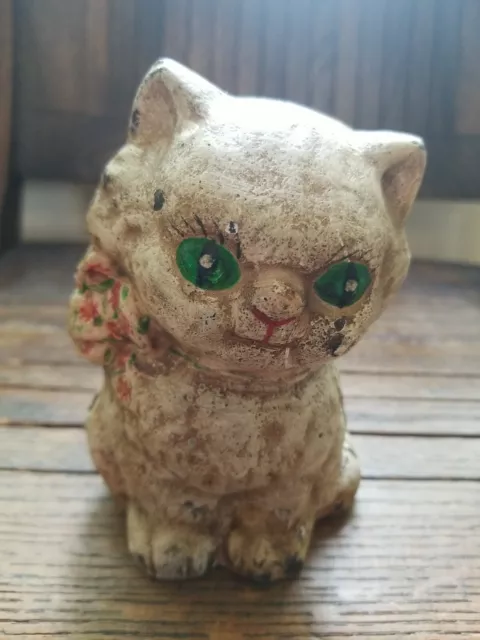 Antique Cast Iron Still Penny Cat Bank Floral Bow Green Eyes Original Paint 5"