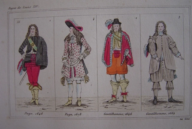 Très belle gravure de Costumes de la Cour de Louis XIV Pages et Gentilhommes