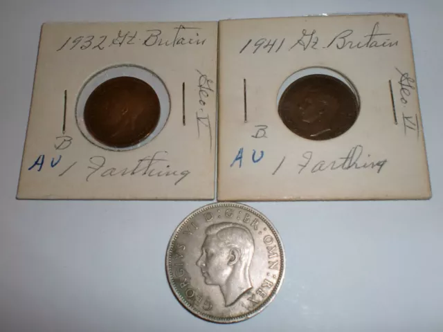 Great Britain(Uk)-3 Rare Coins:2 X 1 Farthing 1932 & 1941 Au + 1 X 2 Shilng-1951
