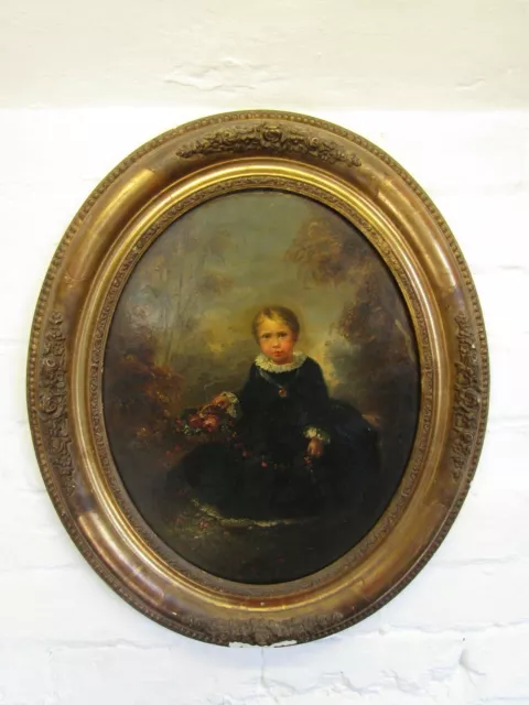 Stunning 19Th Century Oil On Board Of Pretty Child With Basket Of Flowers