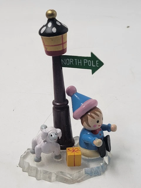Vintage North Pole Village Accessory Wooden Boy Lamb Present On Ice Decor