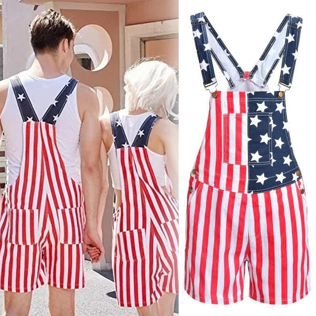 Unisex American Flag Print Shorts Suspender Jumpsuits Bib Casual Pants A7Z9