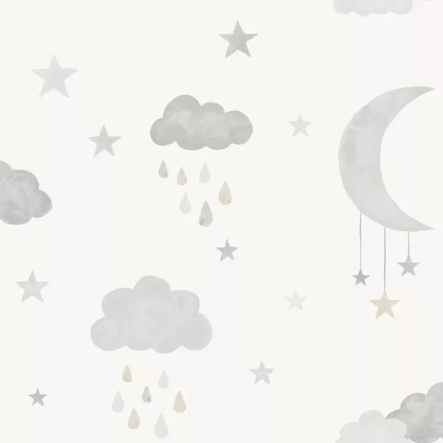 Vliestapete Aquarell Mond Wolken Regen Sterne Creme Beige Grau JS2211 (3,86€/1qm
