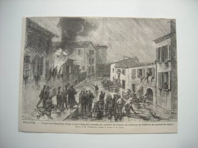 Gravure 1875. Inondations A Toulouse. Sauvetage Des Inondes Du Quartier De Touni