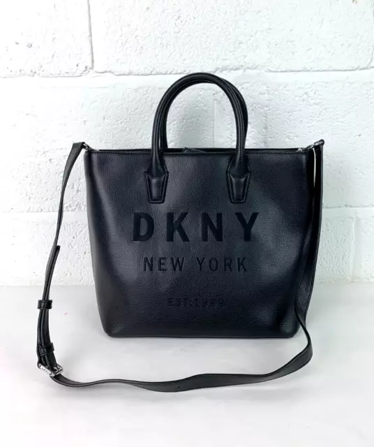 DKNY Black Real Leather Tote Bag, Crossbody Strap, Logo, Very Good Condition