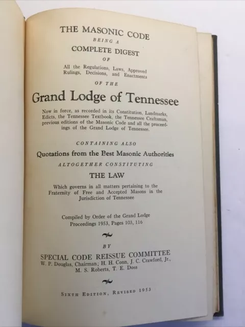Masonic Code Grand Lodge Of Tennessee 1953