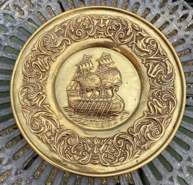 Large Brass  Embossed Charger Wall Plate With Spanish Galleon Vintage