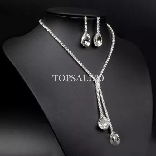 Silver Crystal Drop Necklace Wedding Bridal Prom Rhinestone Earrings Jewelry Set 2