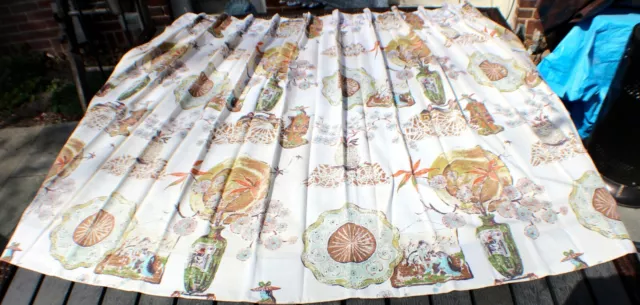 Vintage Mid-Century Barkcloth Pleated Curtains Pair Oriental Motif Asian c.1950s 3