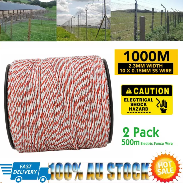 2X 500m Polywire Roll Electric Fence Energiser Stainless Poly Rope Insulator