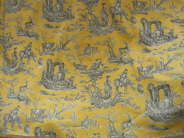 Coupon Toile De Jouy Coton Jaune Vintage - 126x53cm - Style Champêtre