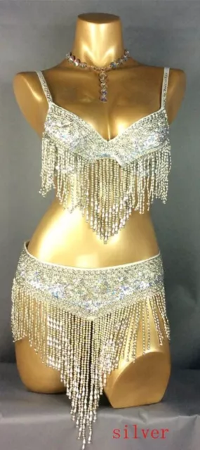 Belly Dance Costume 3pcs Set BRA BELT NECKLACE GOLD&SILVER White 4 COLORS