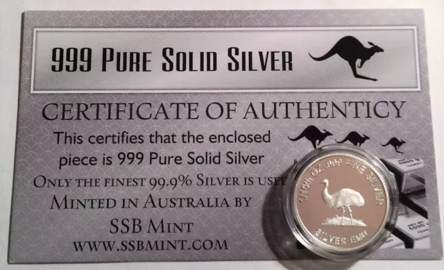 Emu 1/10th Oz 999.0 Pure Solid Silver Coin, with C.O.A. (14 to Collect) Invest