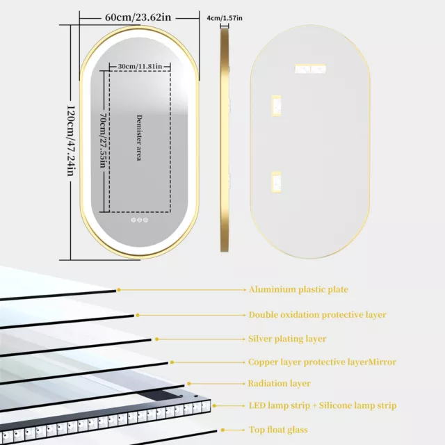 LED Bathroom Mirror with Demister & Touch Sensor Modern Wall Mirror Golden Frame