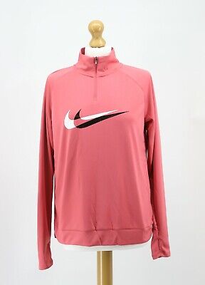 Nike Donna Rosa Dri Fit Swoosh 1/4 con Zip Manica Lunga Corsa Top Palestra T-shirt T