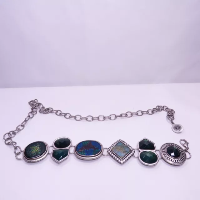 STUNNING Chico's Dichroic Art Glass Blue Green Iridescent Colors Chain Belt 48"