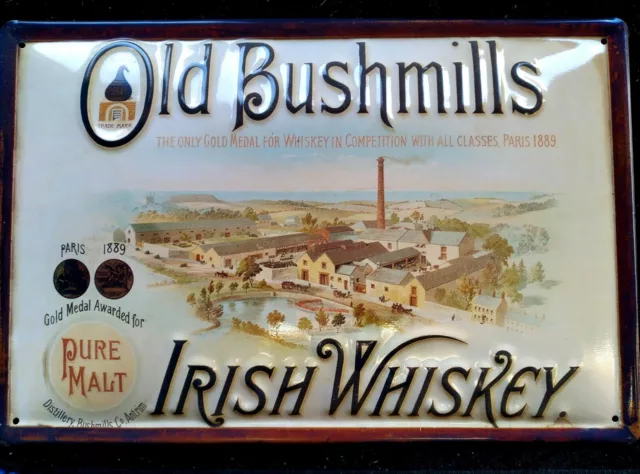 OLD BUSHMILL'S WHISKEY/BREWERY : EMBOSSED 3D METAL ADVERTISING SIGN 30x20cm